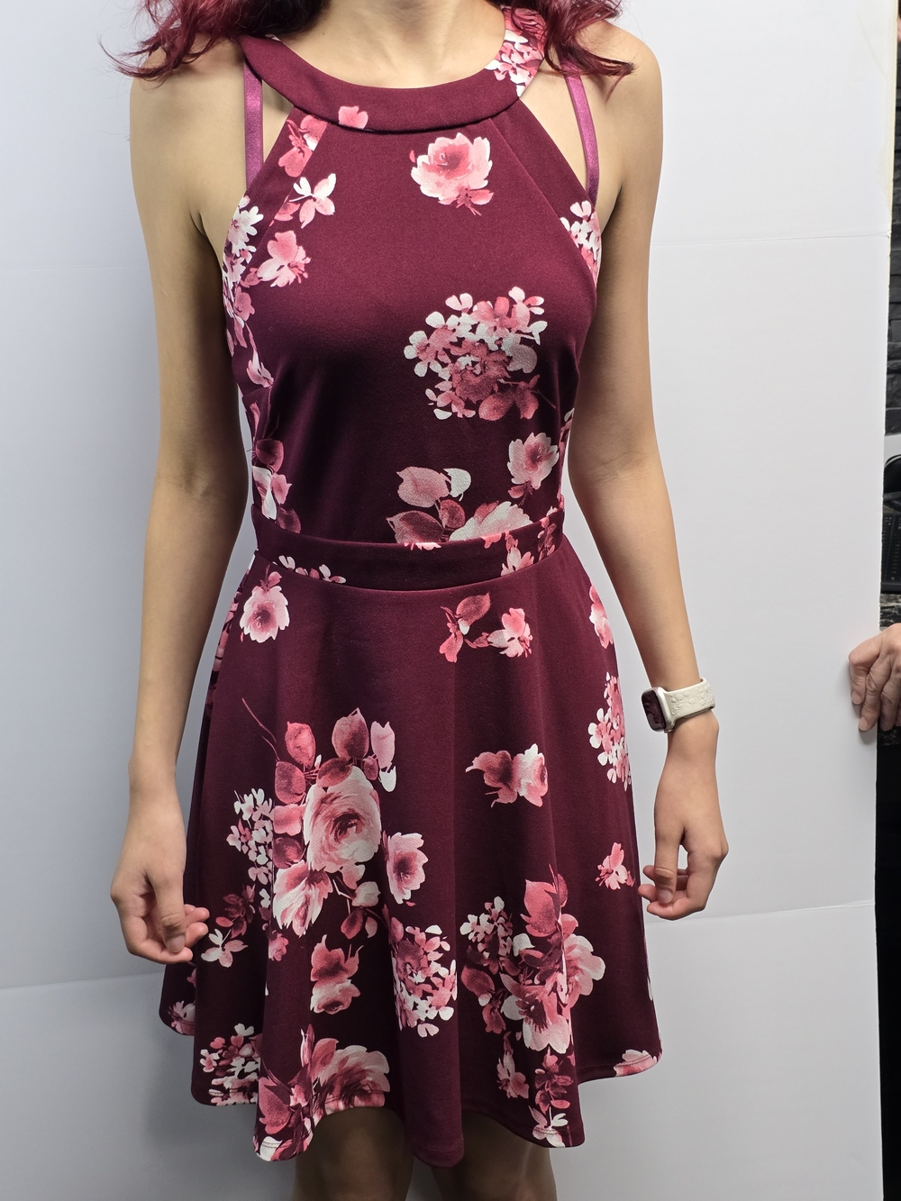 B. Smart Burgundy Floral Halter Mini Dress